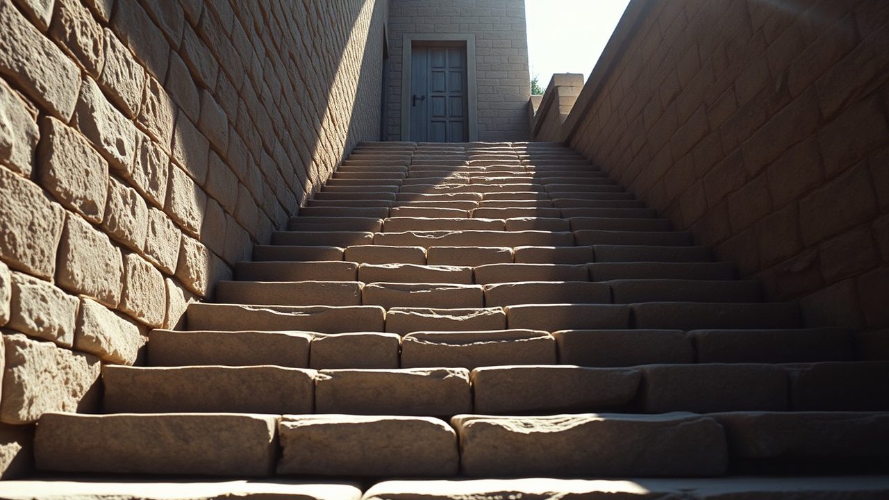 Steep stone steps rising from shadow into sunlight illustrating the UK 60% tax trap for US citizens