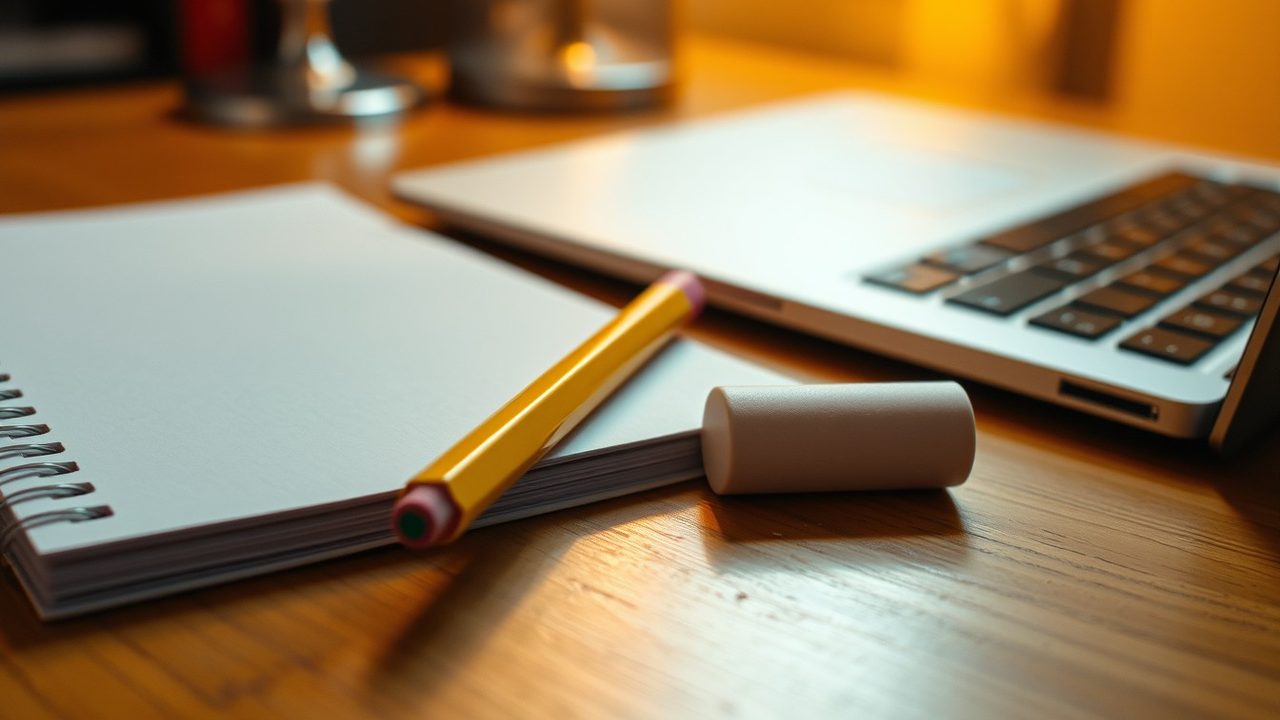 Pencil and eraser on a notebook beside a laptop on a home office desk, illustrating how to amend an FBAR and correct FinCEN Form 114