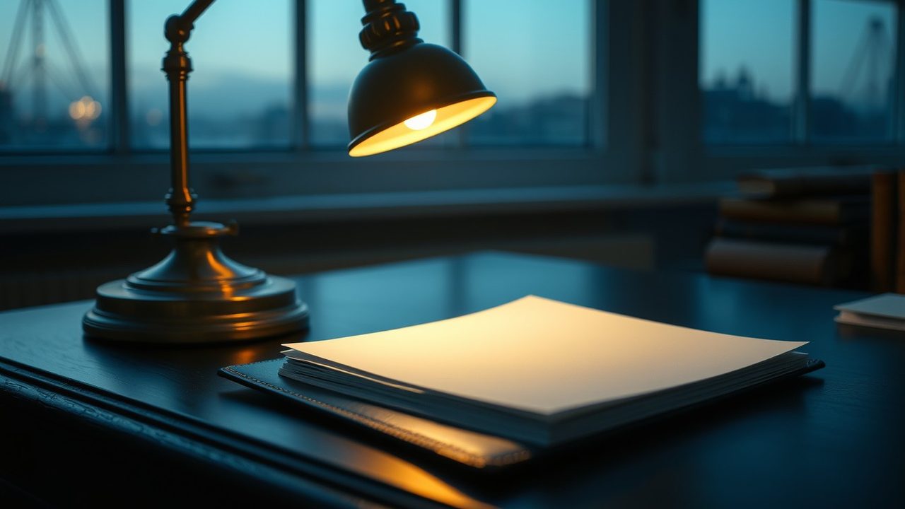 Brass lamp over papers on a dark desk at dusk for delinquent FBAR submission procedures