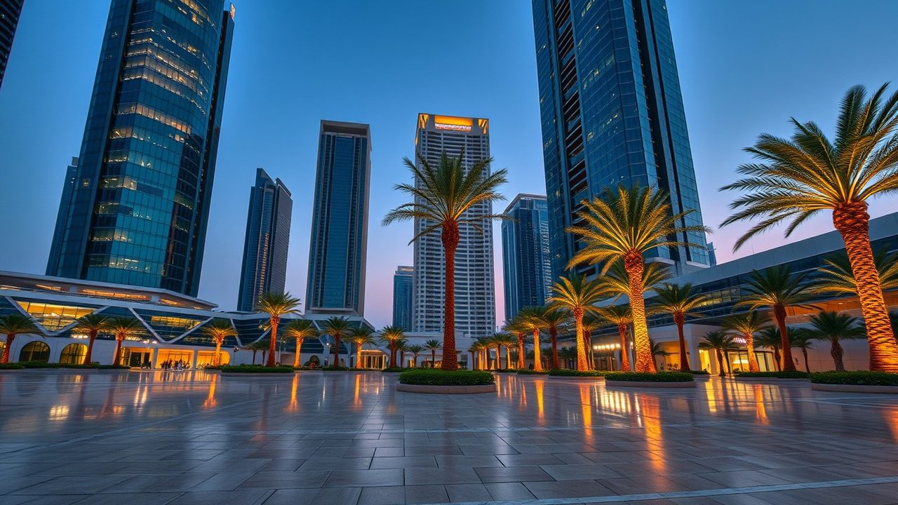 Glass office towers and an illuminated palm-lined stone plaza in Dubai's financial district at dusk, illustrating DEWS plan FBAR reporting for US citizens working in the DIFC