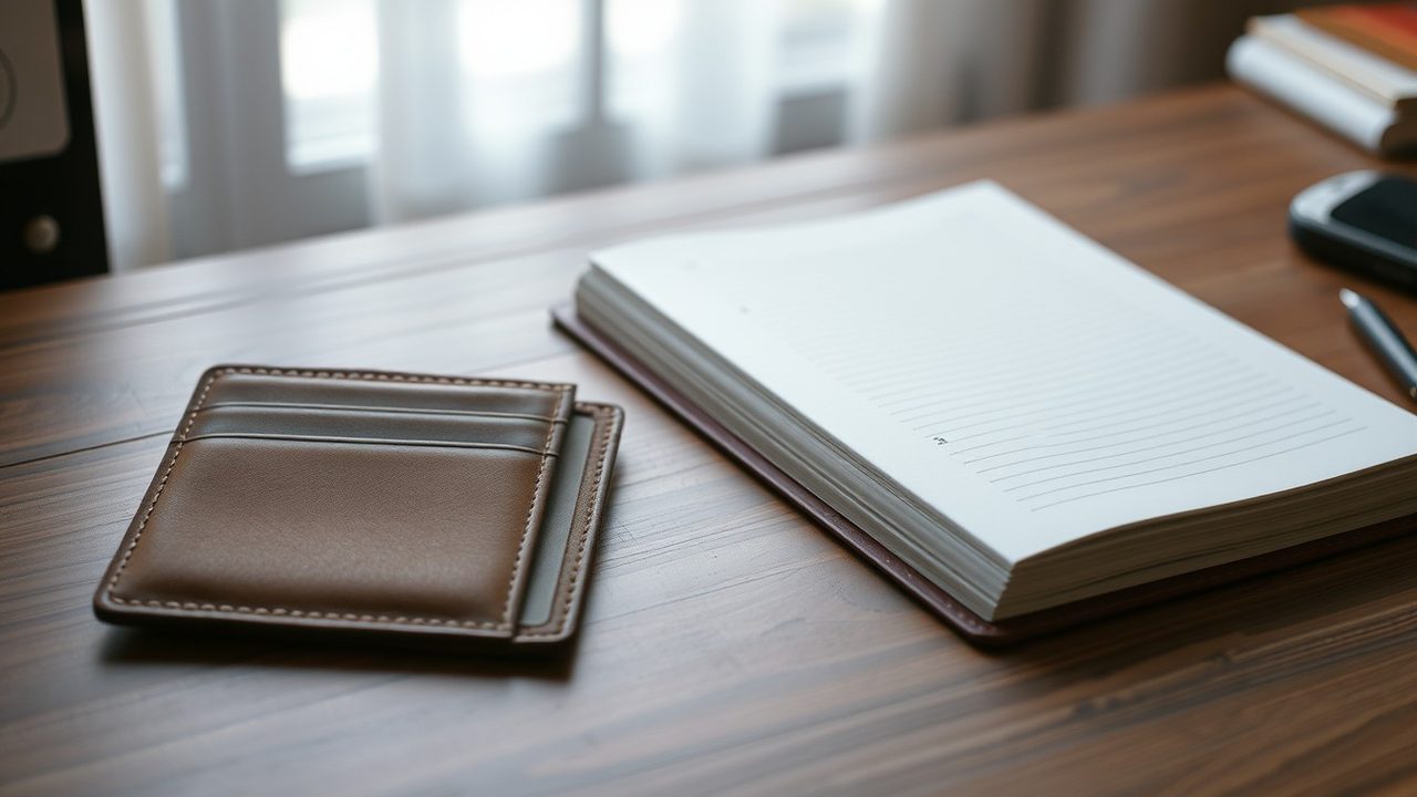 Leather card wallet beside an open blank ledger on an office desk illustrating director's loan account US tax
