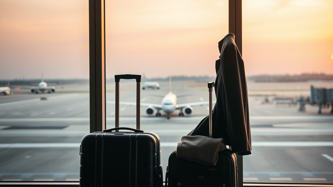 Two black suitcases and a dark coat by an airport window with a jet on the runway at sunrise, illustrating a dual-status tax return for the year someone moves to the US