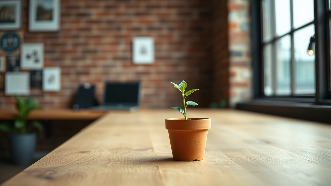 Seedling in a terracotta pot on a desk in a brick-walled startup office, illustrating EIS tax relief for US citizens investing in early-stage UK companies