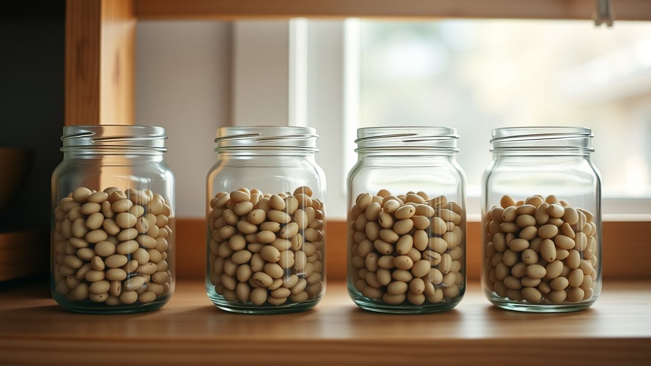 Four glass jars of beans in a row on a kitchen shelf illustrating four estimated tax payments for US expats