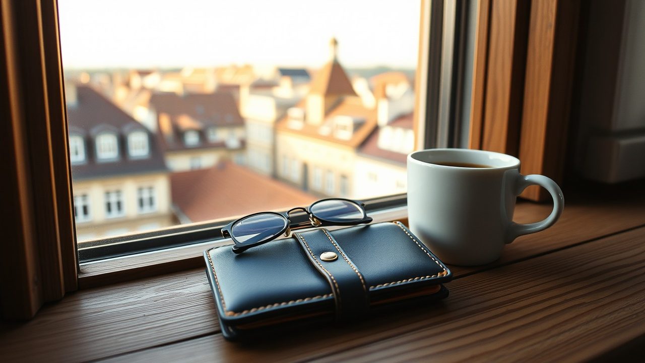 Navy leather travel wallet with reading glasses and a white coffee cup on a wooden windowsill overlooking European rooftops at golden hour, illustrating the expat tax filing threshold for Americans living abroad