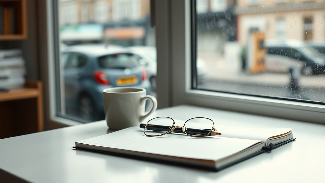 Notebook and glasses on a desk by a rainy London window for an expat tax software vs accountant decision