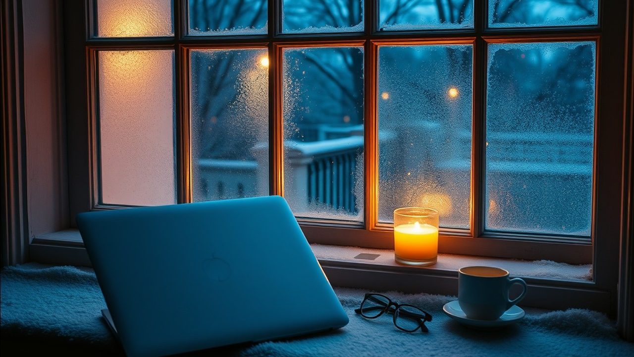 Closed laptop, reading glasses, a cup of tea and a candle on a frosted window seat on a snowy December evening, evoking the 31 December FBAR exchange rate used to convert foreign account balances