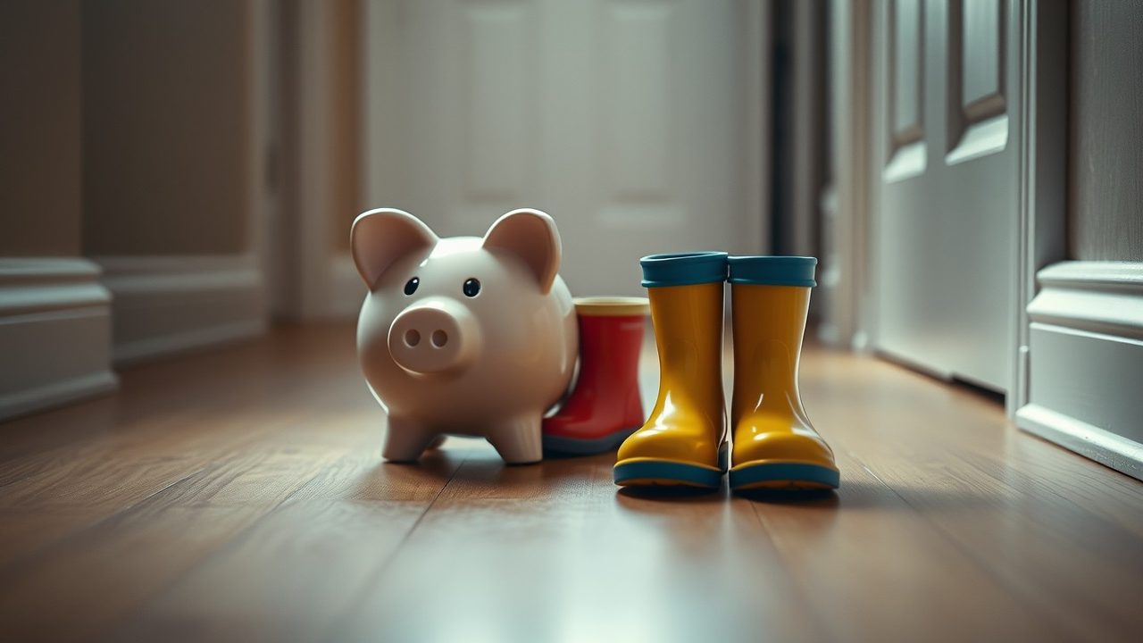 Ceramic piggy bank beside children's rain boots on a hallway floor illustrating FBAR for minor children