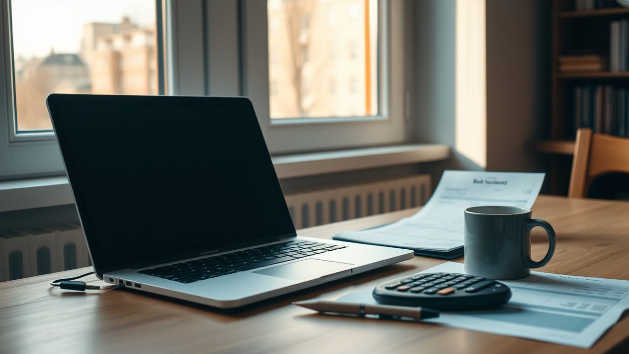 Bank statement, laptop and calculator on a London desk for calculating the FBAR maximum account value