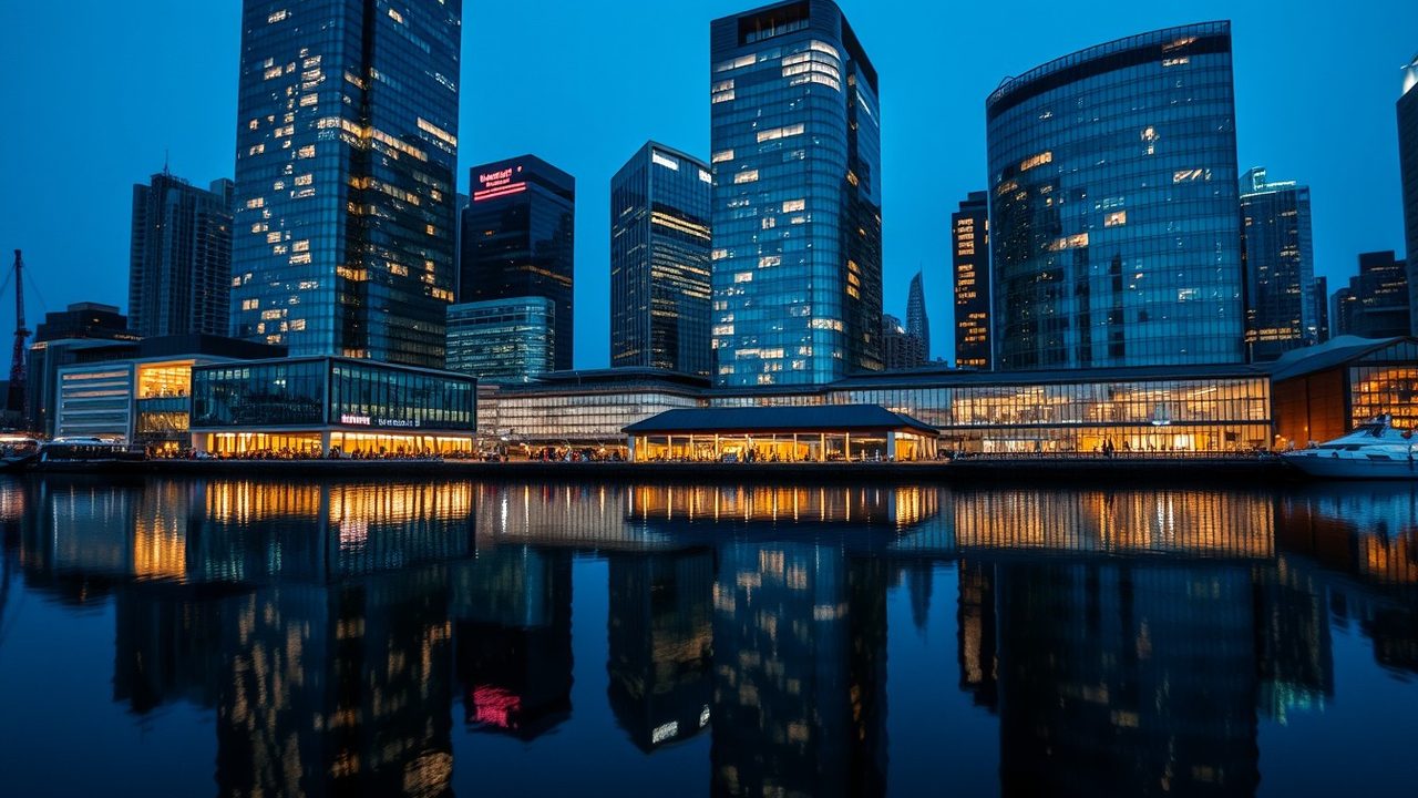Canary Wharf office towers reflected in still dock water at blue hour, representing UK investment income and the NIIT foreign tax credit limit for Americans in London