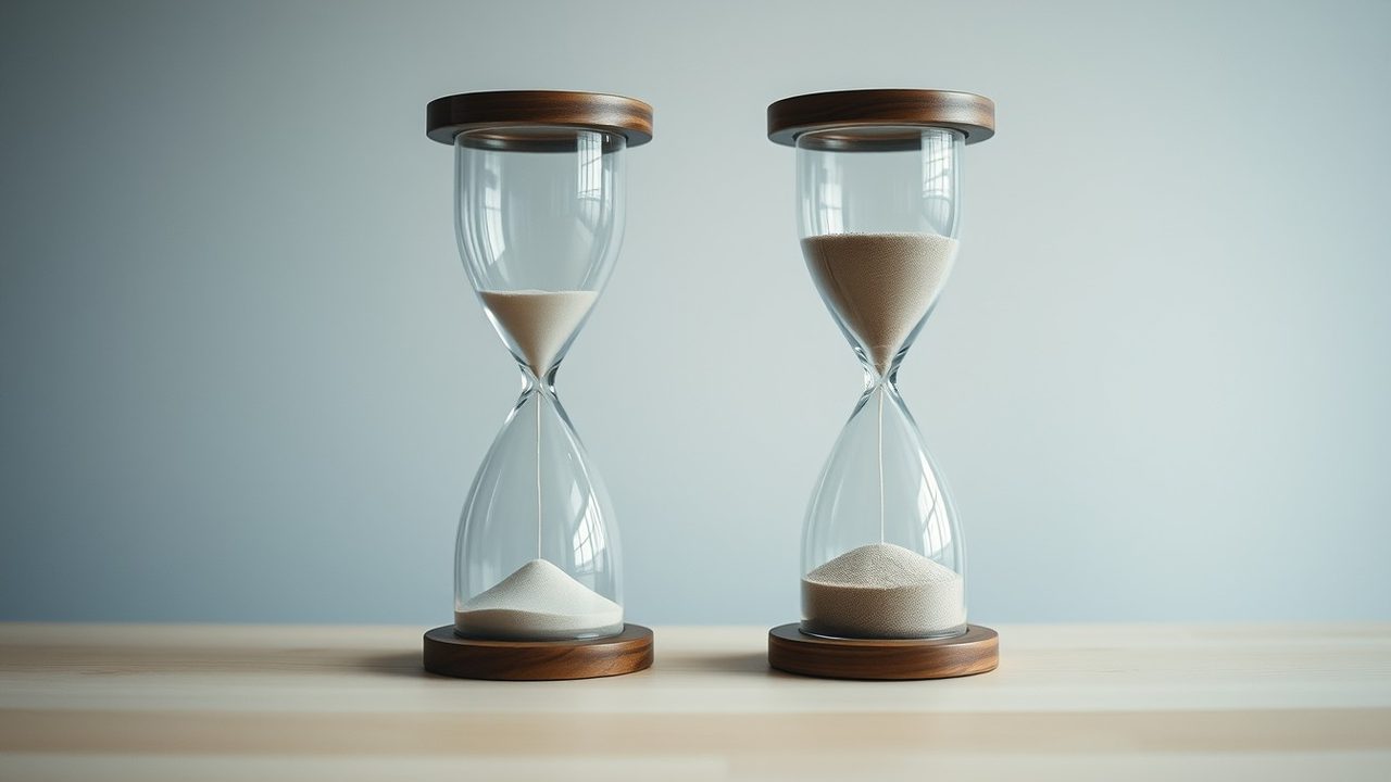 Two sand hourglasses at different stages on a table illustrating the foreign tax credit paid or accrued choice