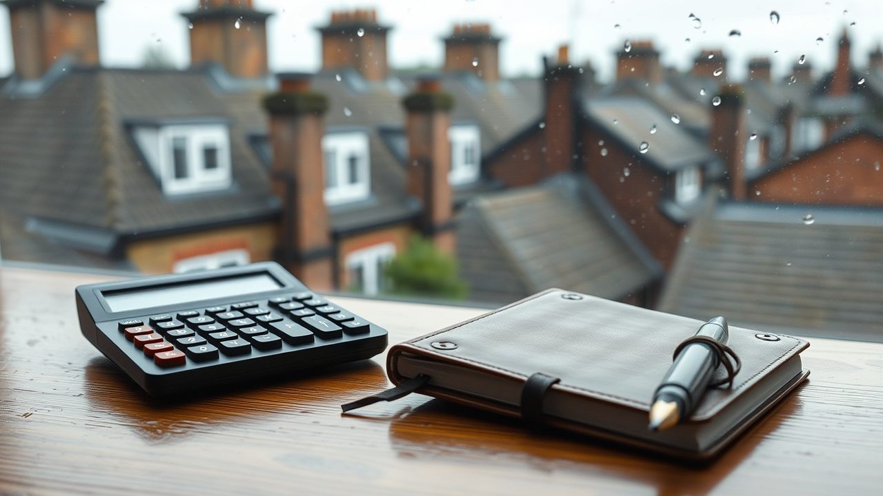 Black desktop calculator and a leather notebook with a pen on a wooden windowsill desk, rain on the glass and London brick chimneys beyond, illustrating the foreign tax credit with FEIE calculation