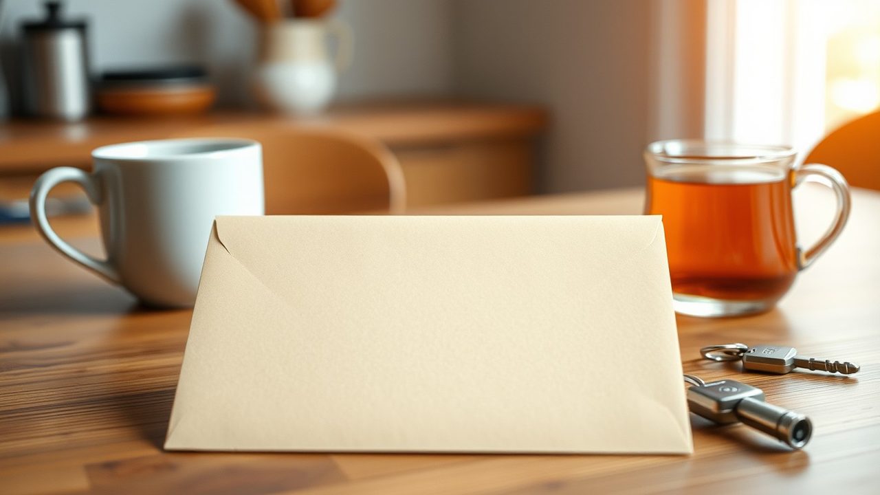 Plain brown envelope on a kitchen table beside a mug, tea and house keys, illustrating a foreign tax redetermination after an HMRC refund