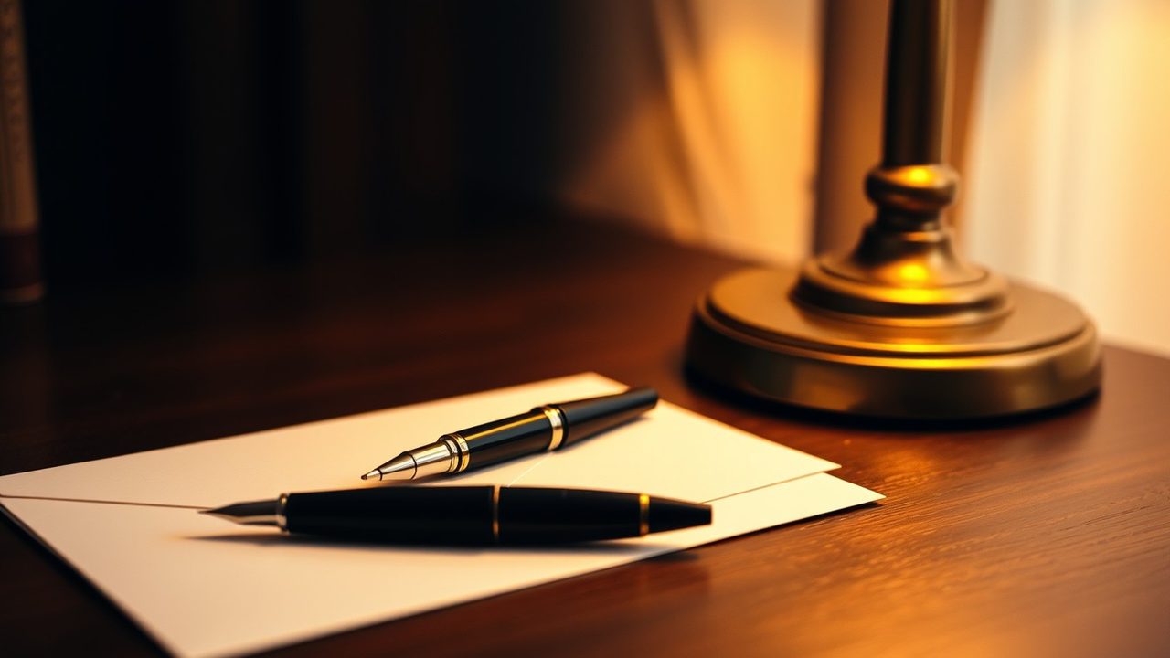 Black fountain pen and rollerball pen resting on a cream envelope on a walnut desk lit by a brass lamp, illustrating Form 2848 for expats authorising a US tax adviser