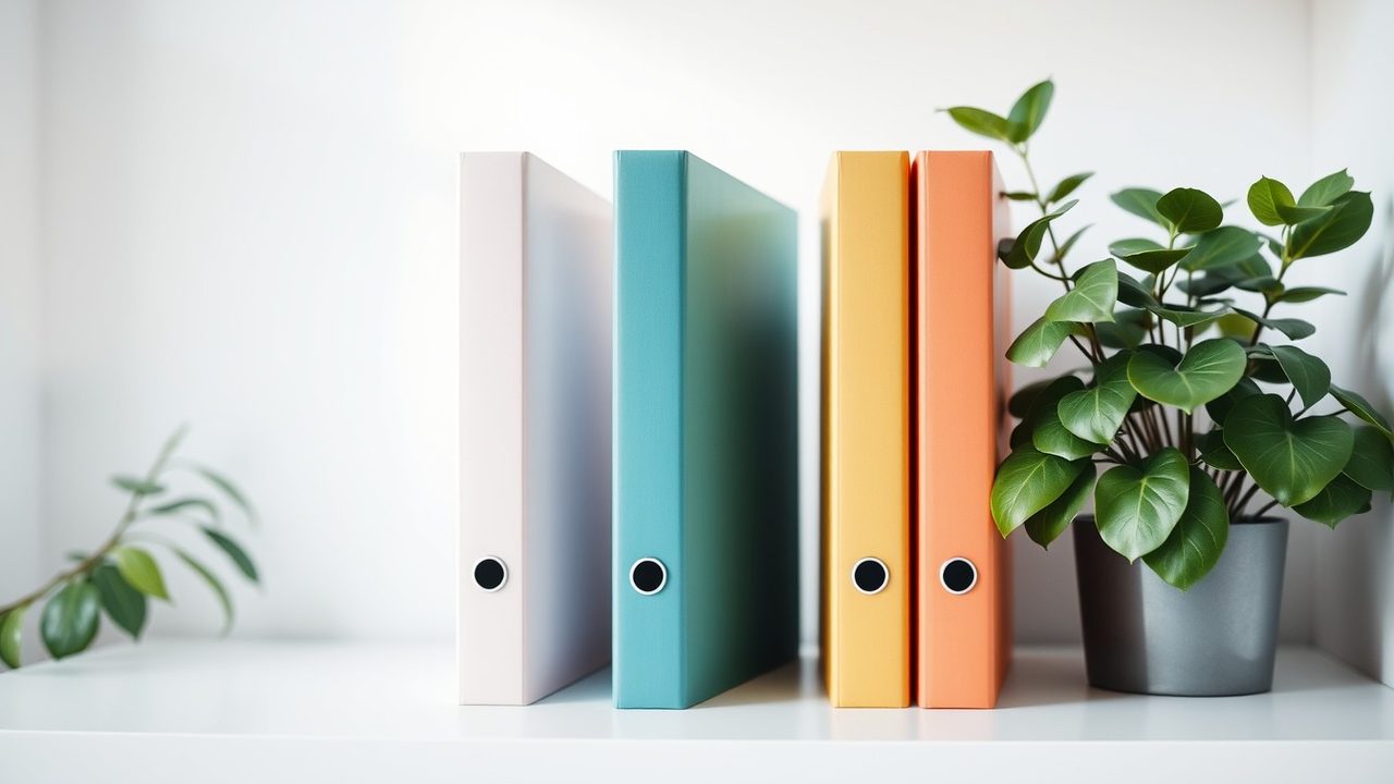 Coloured ring binders in a row on an office shelf illustrating Form 5471 categories of filers