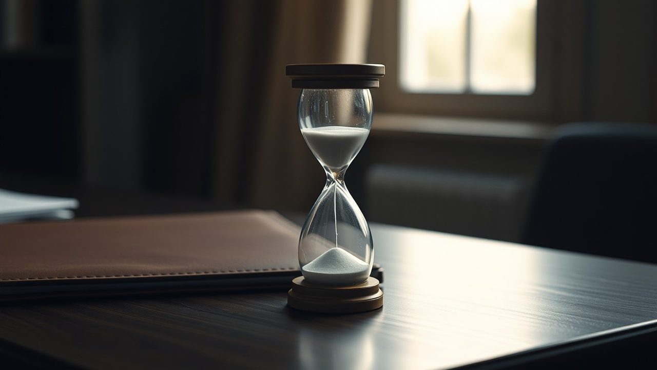 Hourglass on a dark desk beside a closed leather folder, illustrating the Form 5471 late filing penalty for US owners of foreign companies