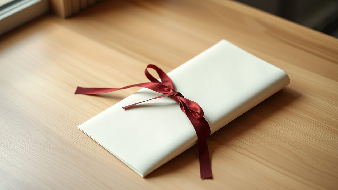 Folded cream paper tied with a red ribbon on an oak desk illustrating a Form 6166 US residency certificate