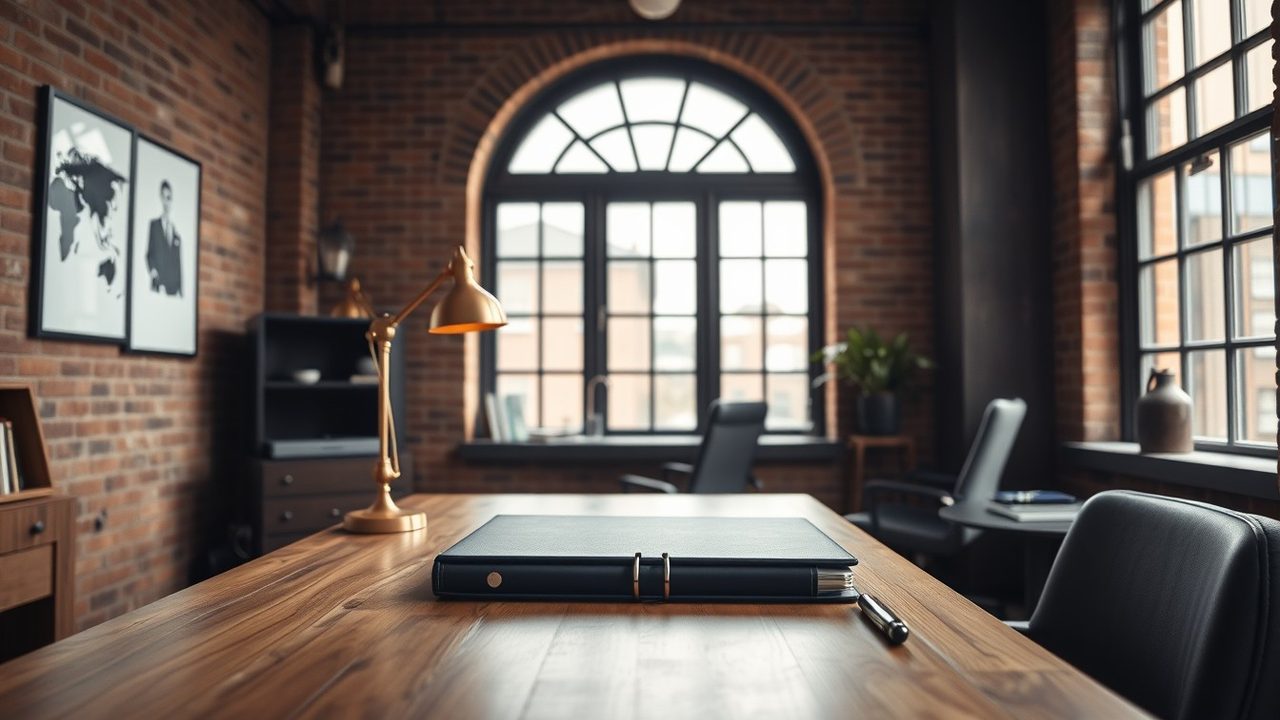 Ring binder on a desk in a brick-walled UK office for a Form 8832 UK limited company election
