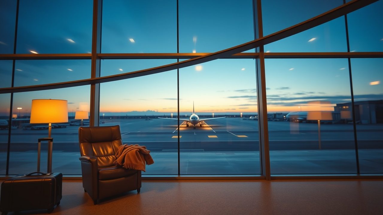 Empty leather armchair with a rust throw and a carry-on suitcase beside a lit lamp in an airport lounge, a jet on the runway at dusk, illustrating the Form 8840 closer connection exception for frequent UK and UAE travellers to the US