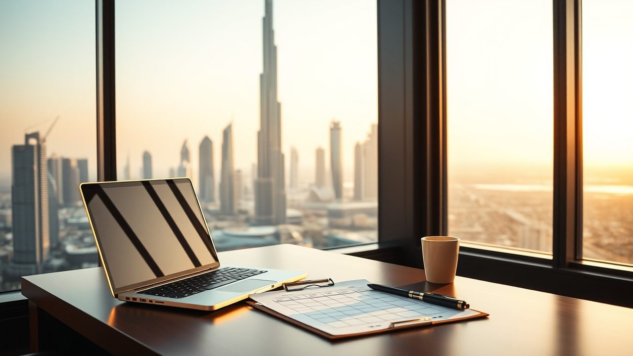 Desk with an open laptop, a paper timesheet and a coffee cup in a high-rise office overlooking the Dubai skyline in morning light, illustrating the full-time work overseas test hours calculation