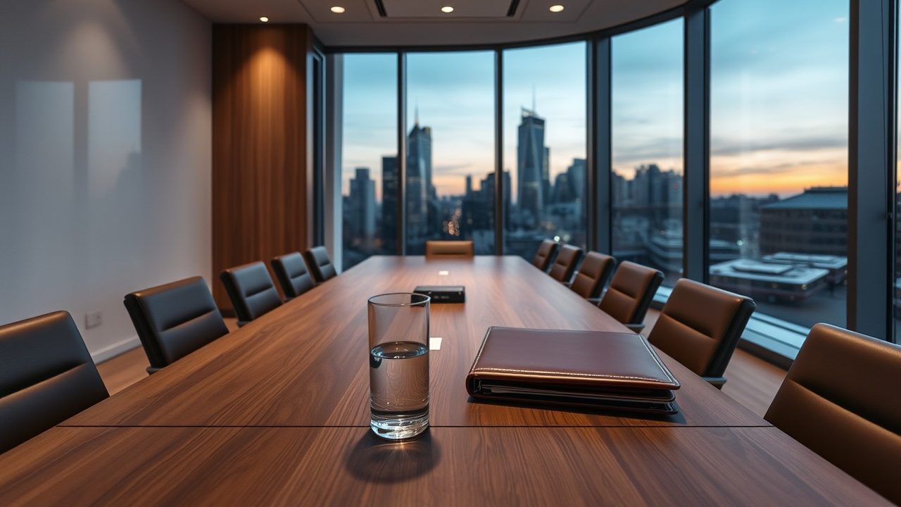Empty London boardroom with a walnut table, leather chairs, a glass of water and a leather folder overlooking the City skyline at dusk, representing the GILTI high-tax exclusion for US owners of UK companies