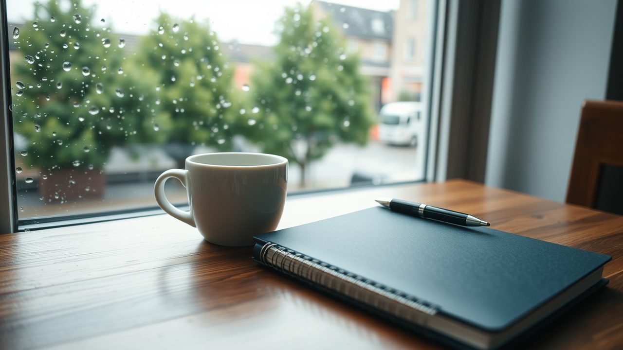 Coffee cup and closed notebook with a pen on a table by a rainy window, illustrating how to pay US taxes from abroad without a US bank account
