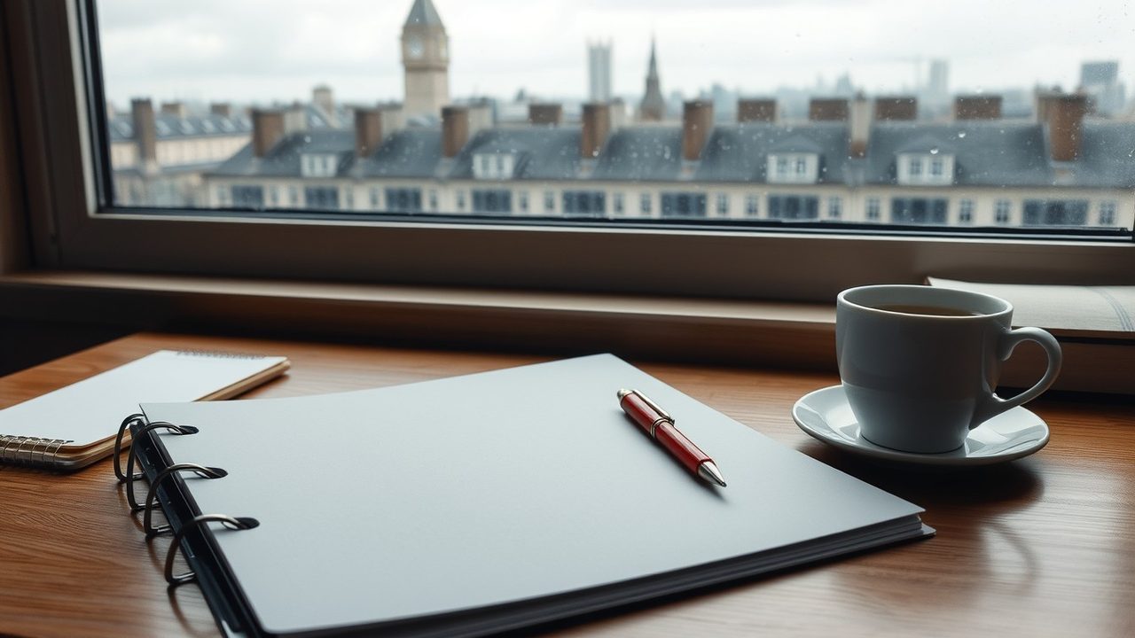 Grey ring binder with a red pen beside a cup of tea on a wooden desk, a rain-flecked window behind looking over London rooftops and a clock tower, illustrating streamlined amended returns on Form 1040-X