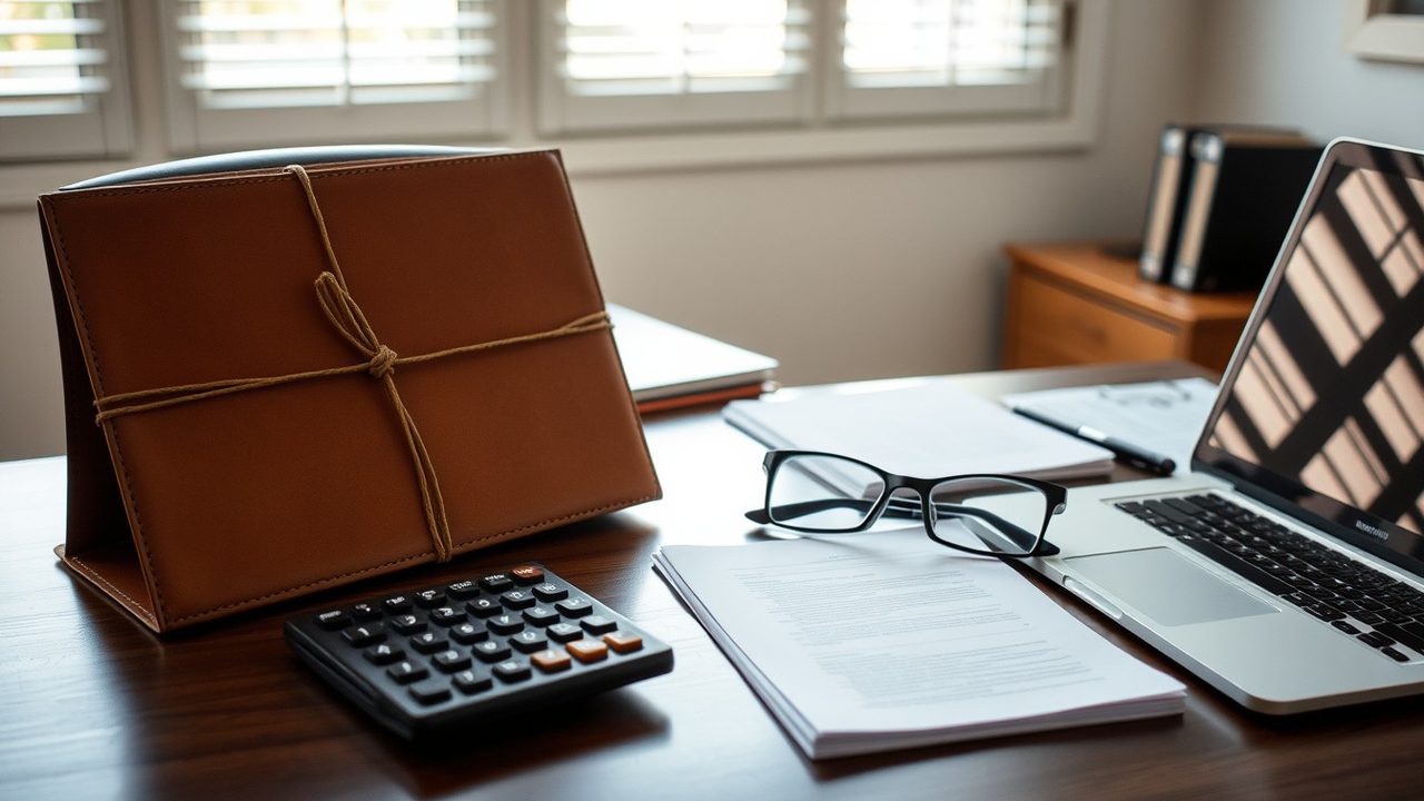 Leather document folder, calculator and laptop on a home office desk for a streamlined domestic offshore penalty calculation