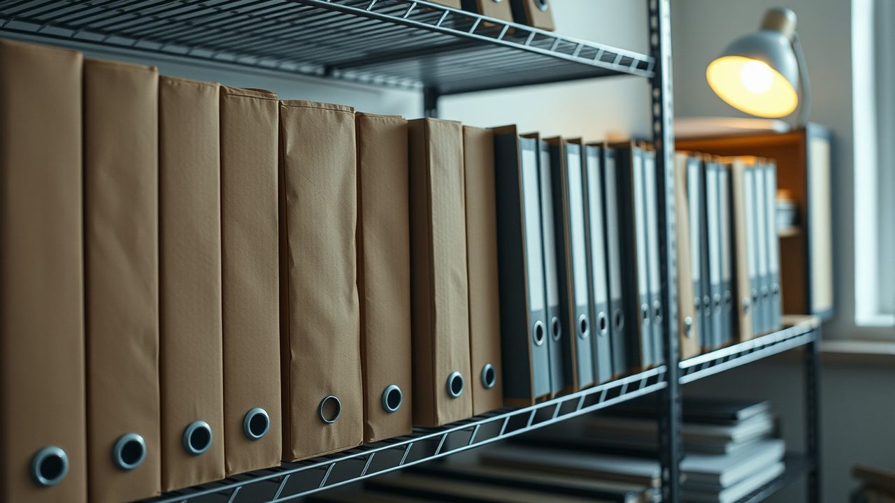 Archive boxes and files on shelving for working out your streamlined filing years