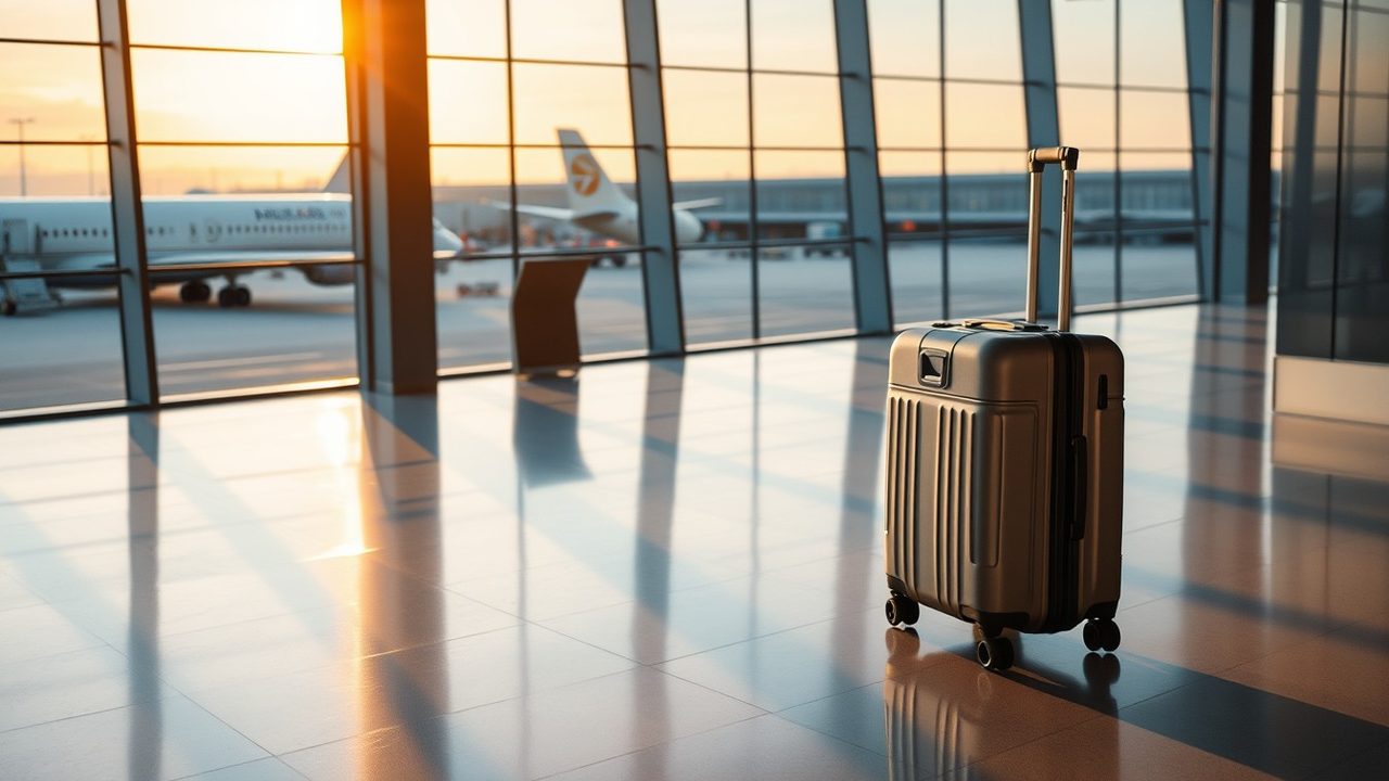 Hard-shell suitcase on a polished airport departure lounge floor at sunset with parked jets outside, illustrating day counting under the substantial presence test for UK citizens