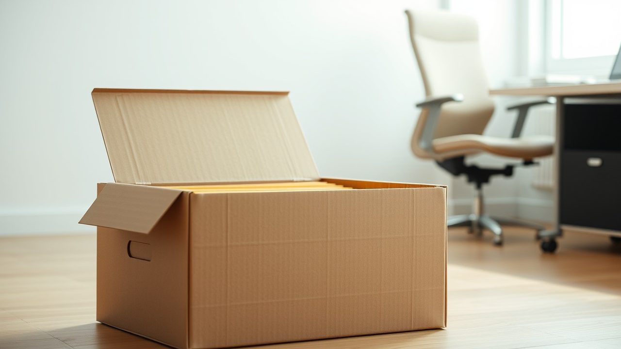 Open archive box of folders beside an empty office chair illustrating switching US-UK tax accountant