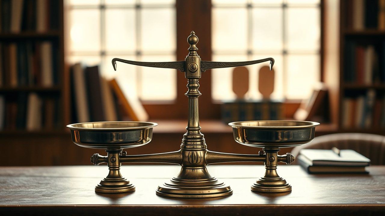 Brass balance scale with two level empty pans on a desk illustrating tax equalization for assignees