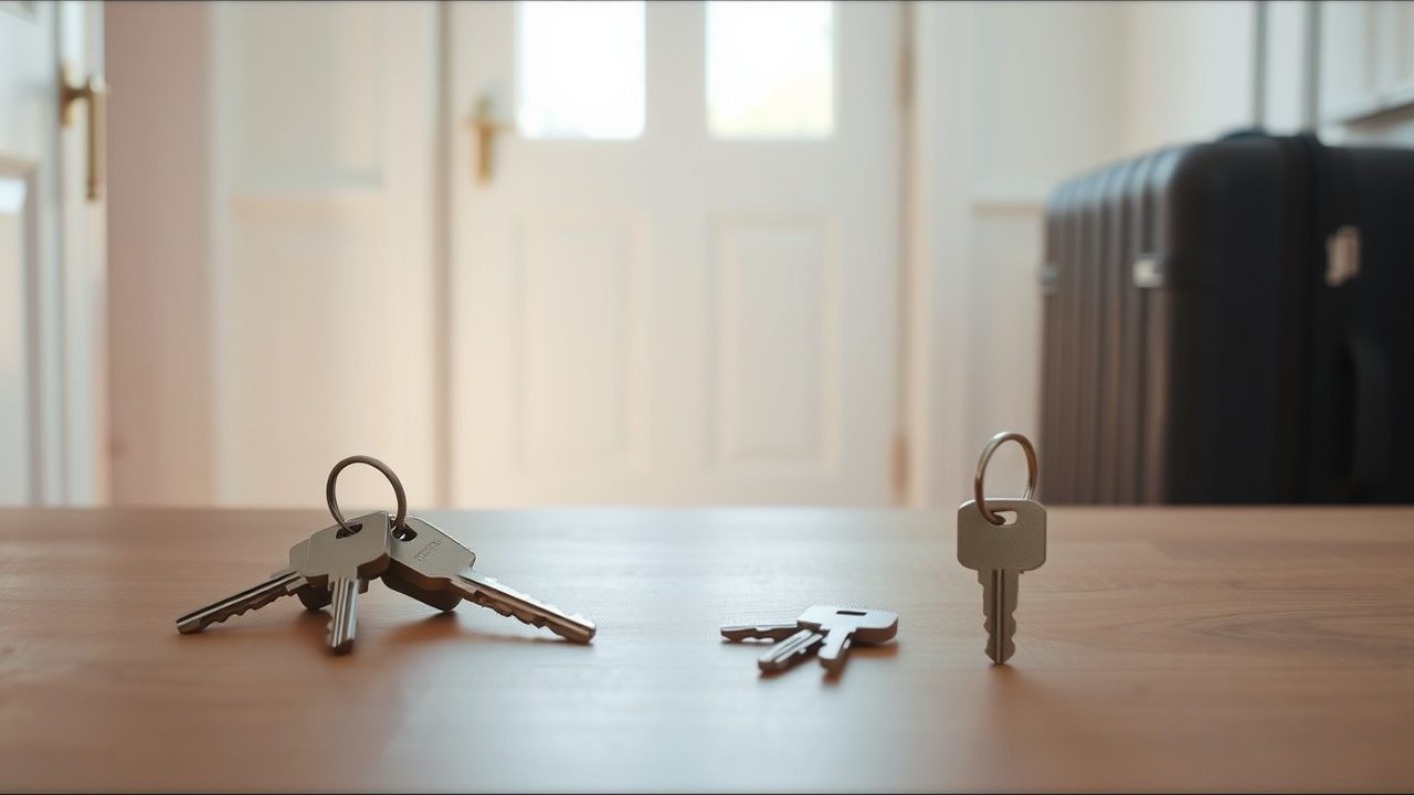 Two separate sets of house keys on a hallway table with a suitcase by the door, illustrating the treaty tie-breaker rule for US-UK dual residents