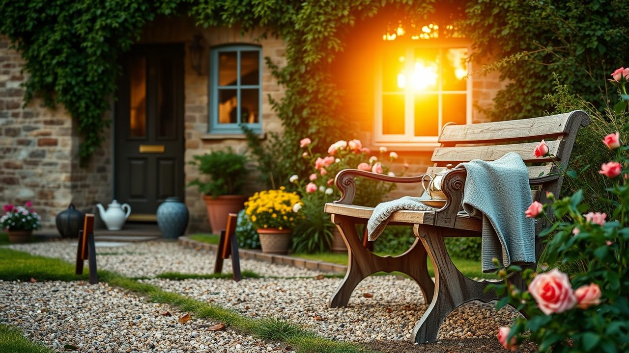 Weathered wooden garden bench with a knitted blanket and a brass teapot outside an ivy-covered English stone cottage at sunset, illustrating retirement on a UK defined benefit pension and its US tax