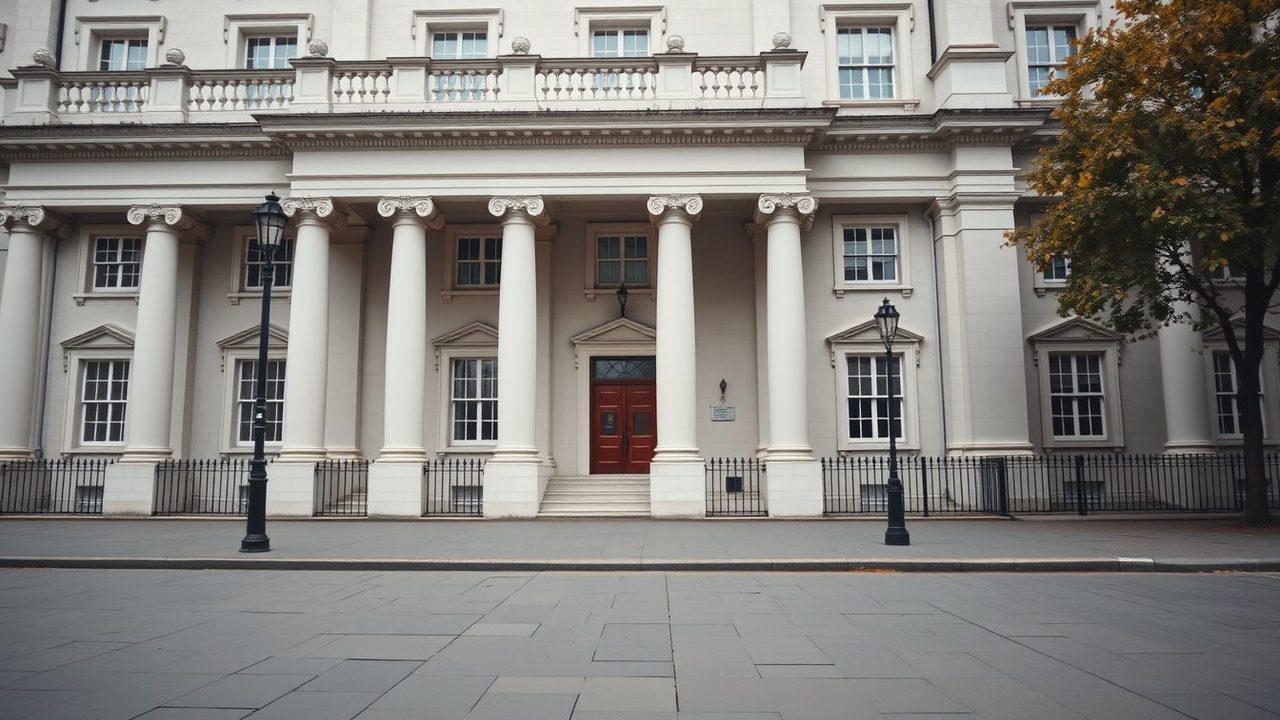 Neoclassical Whitehall-style government building in London with pale stone columns and black iron railings on an overcast autumn morning, illustrating UK government pension US tax under Article 19