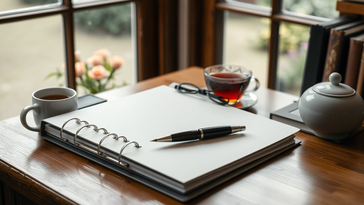 Ring binder, pen, reading glasses and tea on a desk by a garden window, illustrating UK pension PFIC reporting and Form 8621