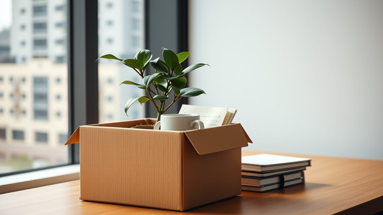 Cardboard box with a plant, mug and notebooks on a cleared office desk illustrating UK redundancy pay US tax