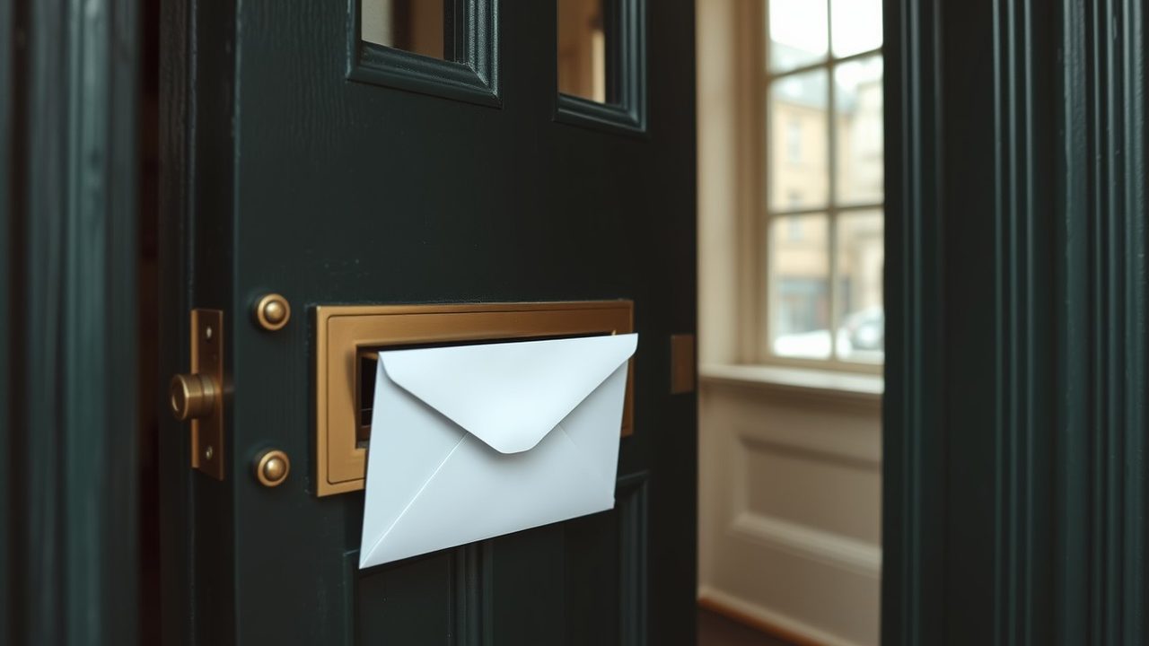 White envelope pushed through the brass letterbox of a dark green Georgian front door, illustrating an HMRC letter about a UK Self Assessment late filing penalty