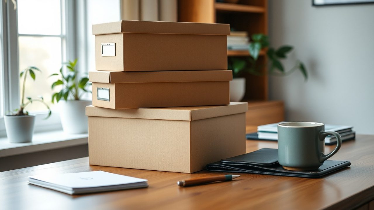 Three kraft cardboard archive boxes stacked on an oak desk beside a black leather document wallet, grey mug and pen in a bright home office, illustrating an expat tax documents checklist for US-UK and US-UAE returns