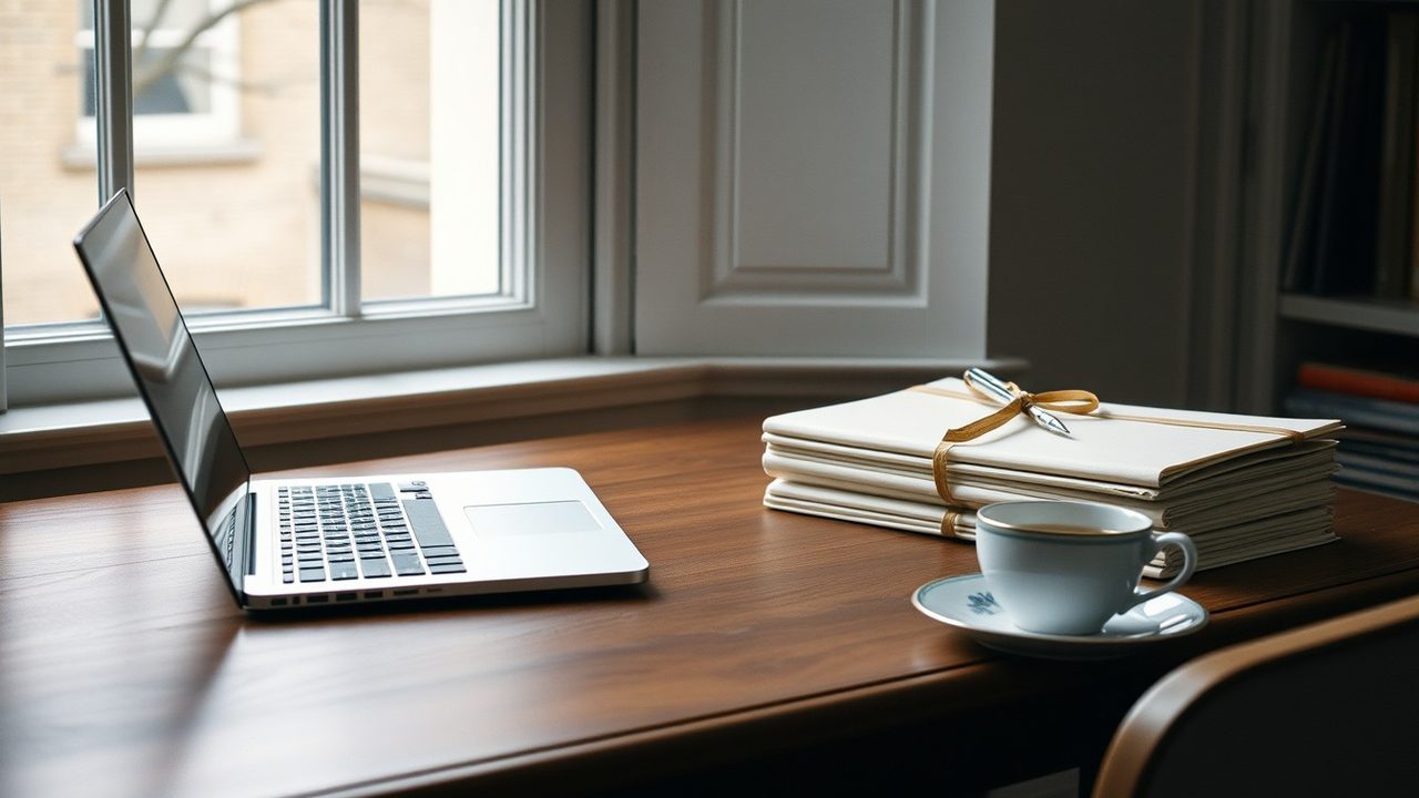 Laptop, ribbon-tied stack of cream folders and a cup of tea on a wooden desk by a London window, representing the paperwork behind US expat tax preparation cost