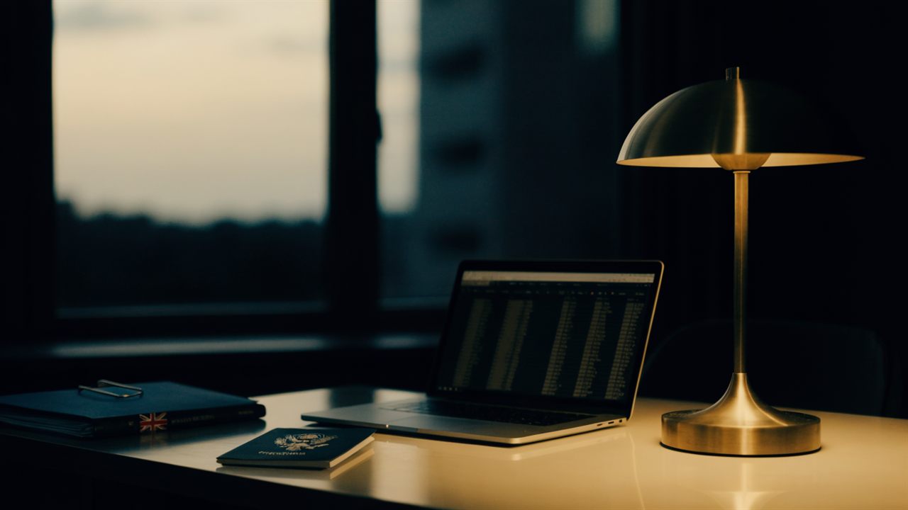 British business owner reviewing US LLC UK tax exposure on a laptop with US and UK filings