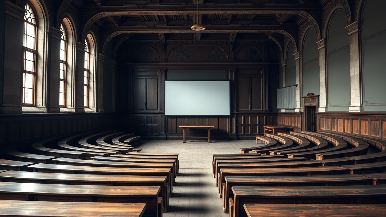 Empty university lecture hall with curved wooden benches and tall windows, illustrating the US-UK tax treaty for teachers and visiting academics