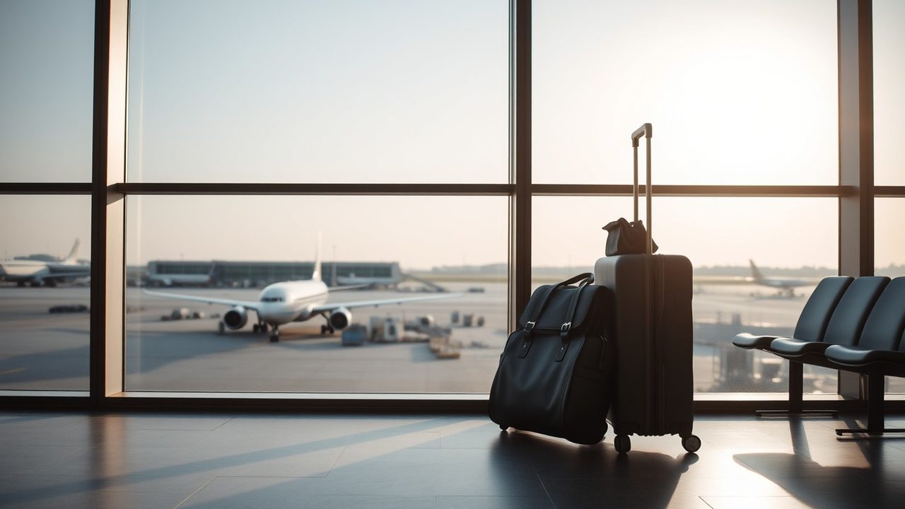 Wheeled suitcase and leather holdall by the window of an airport departure lounge with a parked jet outside, illustrating US UK treaty Article 14 and the 183-day test for business trips