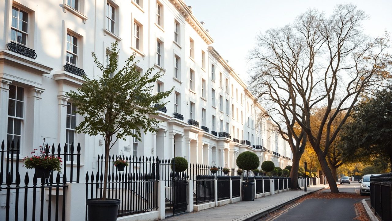 Row of white stucco Georgian townhouses with black iron railings on a tree-lined Kensington street in autumn light, illustrating US-UK treaty capital gains on UK property under Article 13