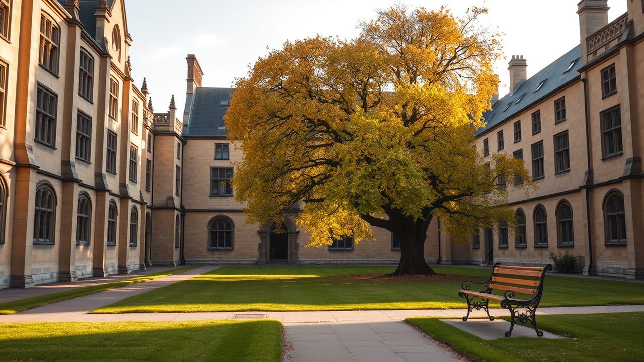 Sunlit Gothic sandstone university quadrangle with a golden autumn oak tree and an empty wooden bench, representing USS pension US tax for American academics at UK universities