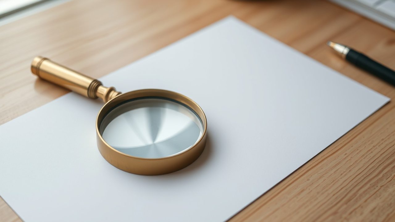 Brass magnifying glass on a blank sheet of paper on a desk illustrating how to verify a US tax preparer